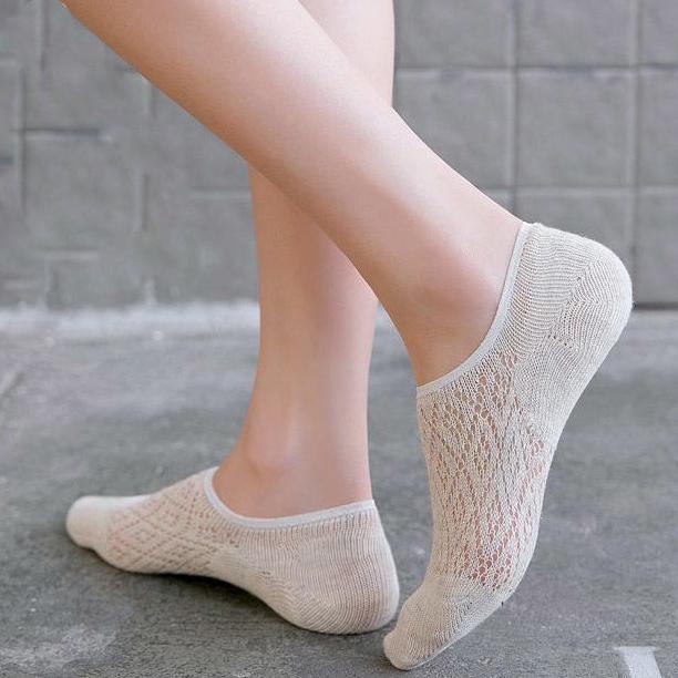 5 Pairs Summer Women's Mesh Cotton Socks Solid Color Silicone Invisible Boat Socks Silicone Non-slip Ankle Socks Deodorant Antibacterial Socks