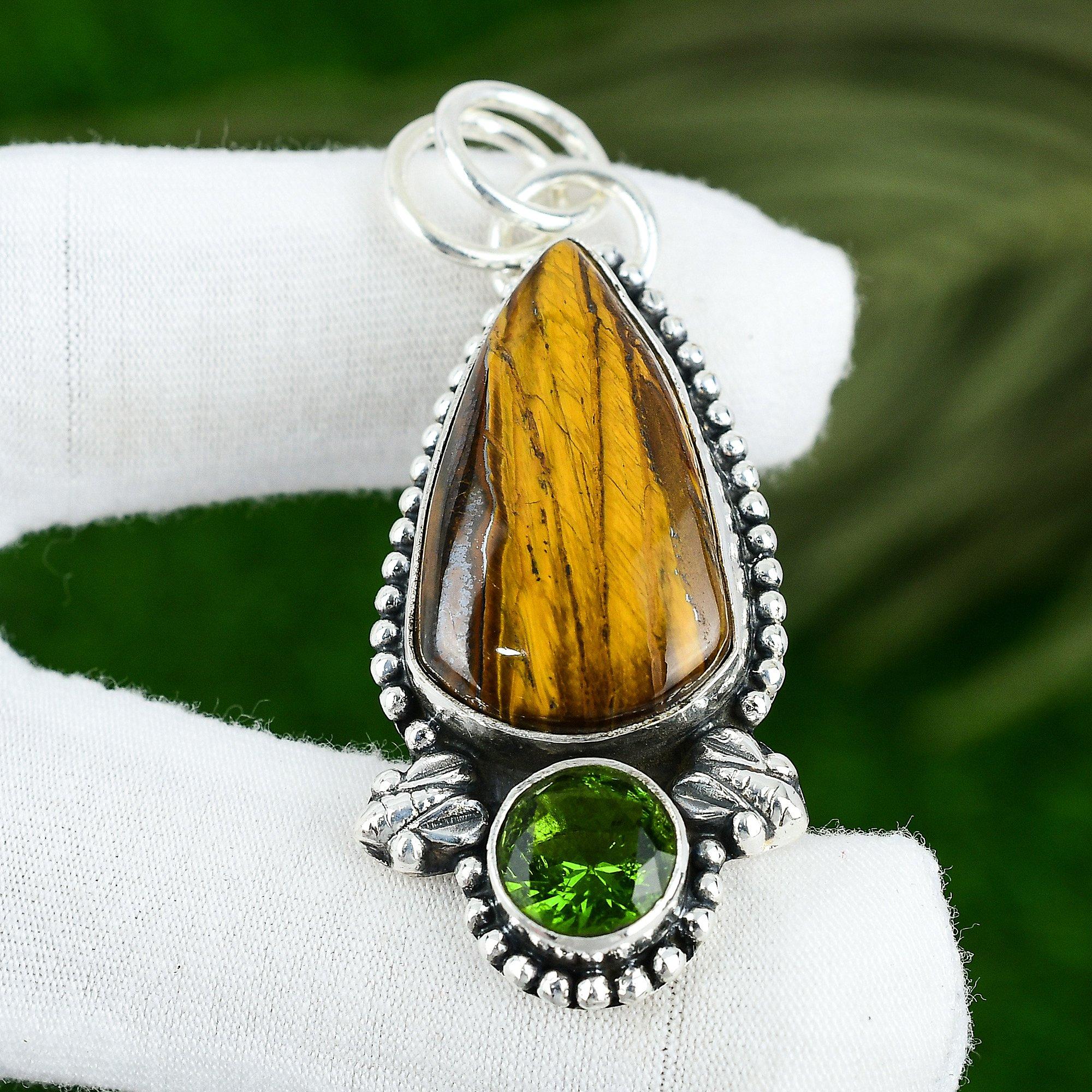 

Pear Natural Tiger Eye Peridot Sister Engagement Pendant Jewelry Sterling Silver