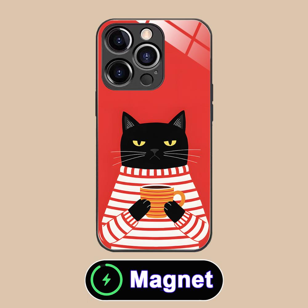 Cute Coffee Cat Glass MagSafe Mobile Phone Case for iPhone 17 16 15 14 13 12 11 Air Pro Max Plus Mini Colorful Cover