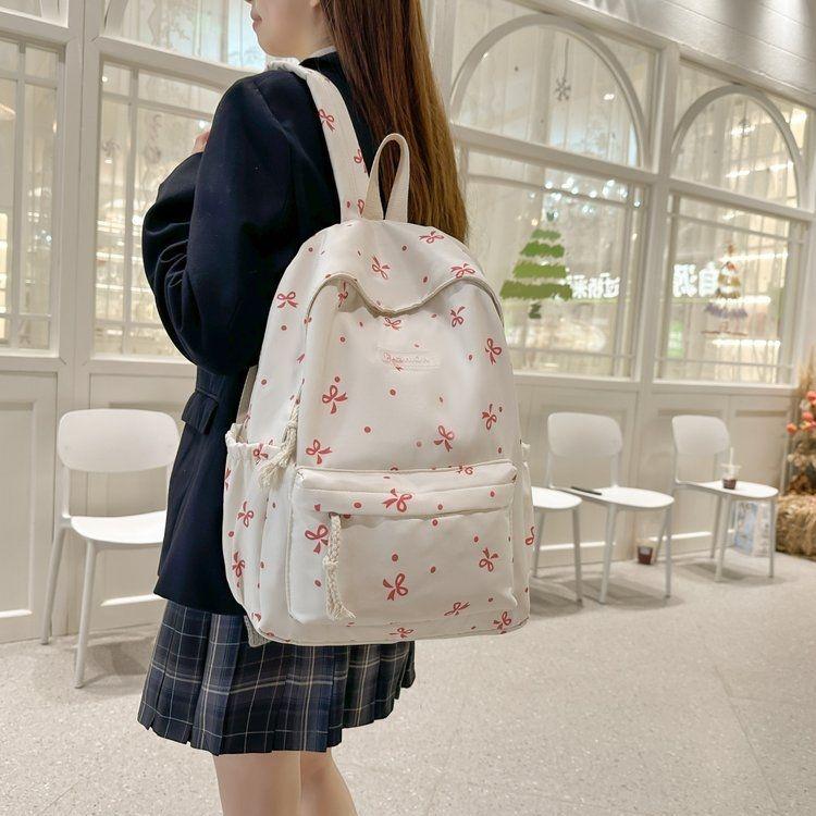 Schoolbag bow backpack girl fresh floral college student junior high school backpack large capacity schoolbag ins