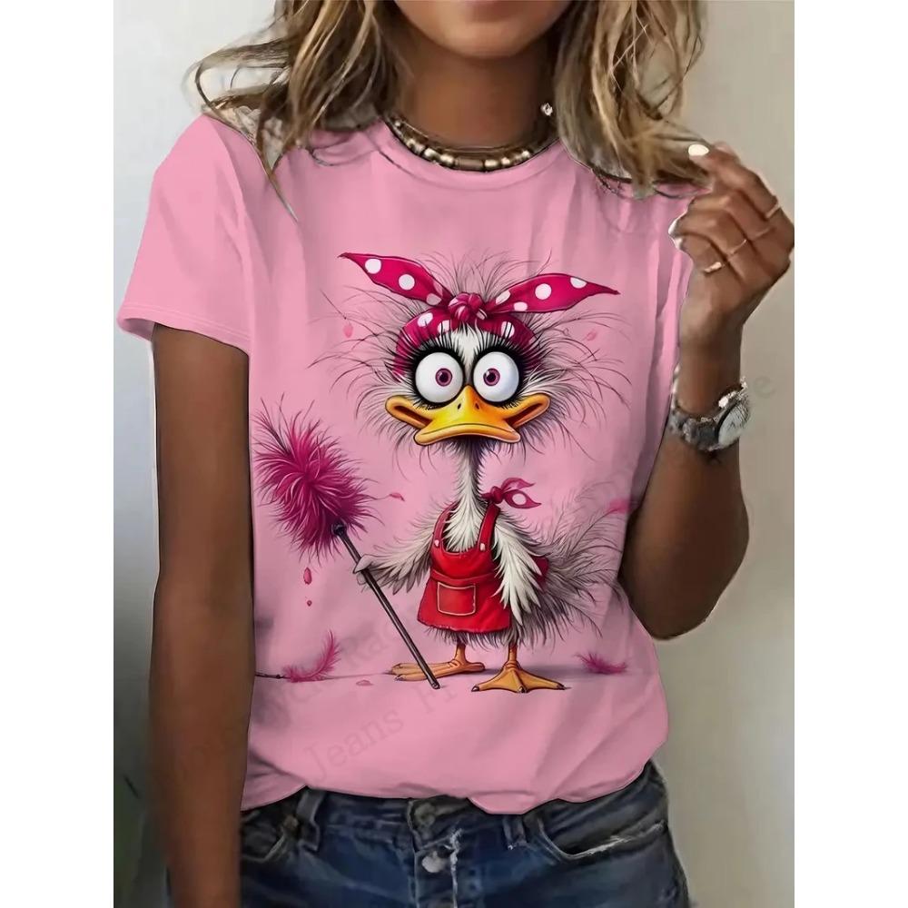 Anime Cat and Duck 3D Printed Pattern T-shirt for Women, Fashionable and Casual Cartoon Plus Size Short Sleeved Top T-shirt for Women, Clothing Animal