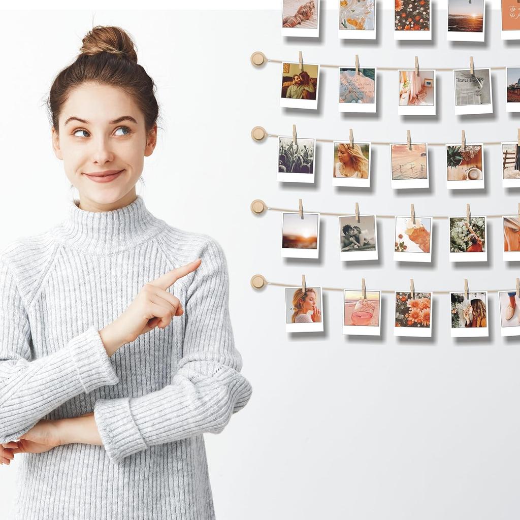 Hanging Photo Display Room Wall Decor - Sculptural Picture Frames Collage - 5 Strings with 30 Clips - 3M Self Adhesive Hooks - No Holes Drilling - 30
