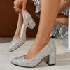 Large Size Wedding Shoes Women's Silver Crystal Sequins Pointed High Heels Girl Thick Heel Banquet Bridesmaid Single Shoes Women