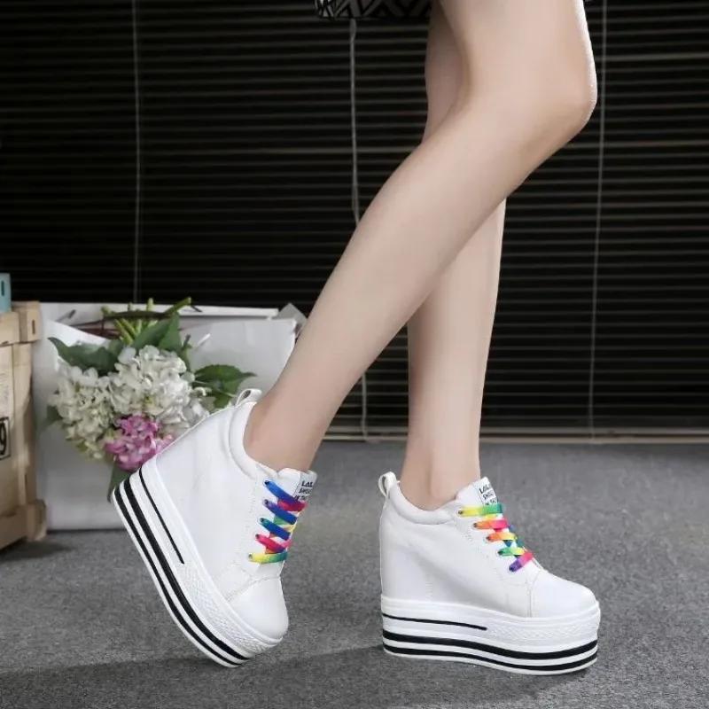 Fashion 2025 New 12CM Heels Wedge Canvas Shoes Woman High Platform Sneakers Vulcanized Shoes Hidden Heel Height Increasing Casual Shoes