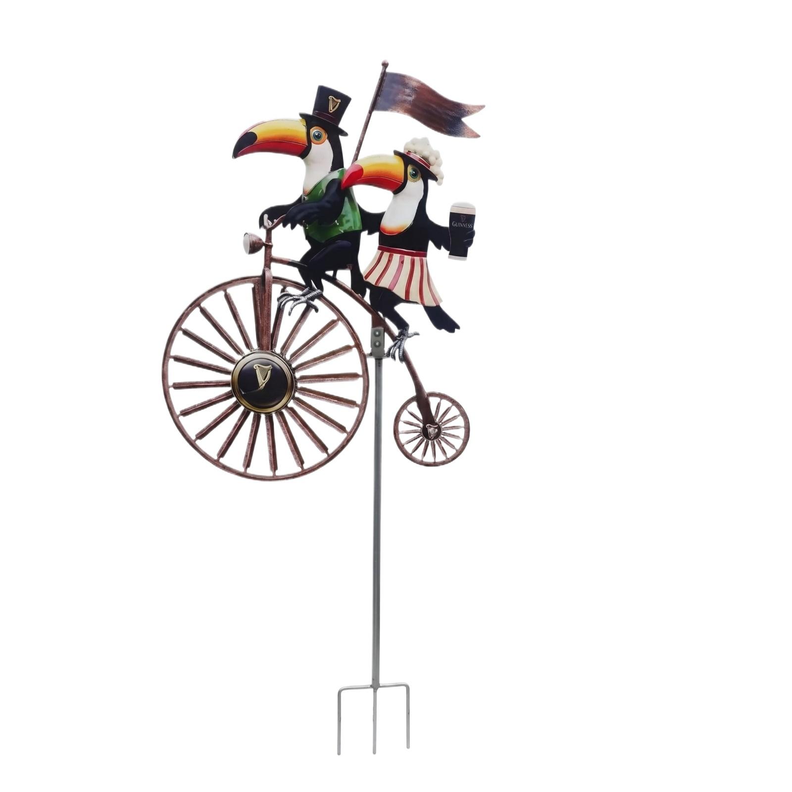 

Outdoor Rotating Wind Spinner with Two Toucan Birds on Vintage Bicycle Garden Yard Decoration Metal Windmill Stake for Lawn Patio One Size