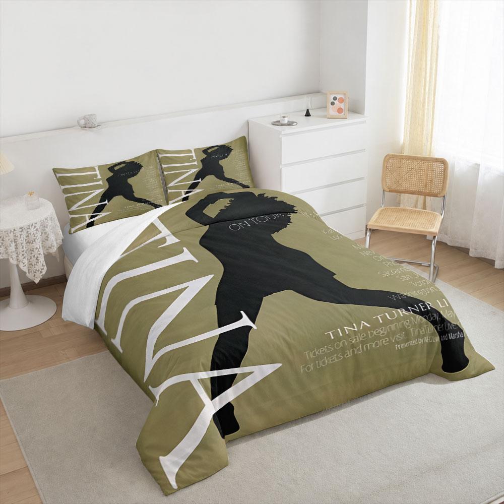 Tina Turner Live On Tour Silhouette Poster Bedding Set, Beige Dancer Mic Art Print Duvet Cover, Rock Queen Music Fan Bedroom Decor