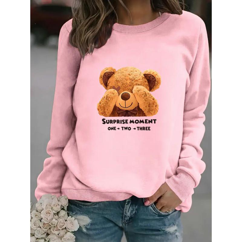 Women's Cartoon Bear Print Long-Sleeve Round Neck Pullover Hoodie - Autumn/Winter Collection