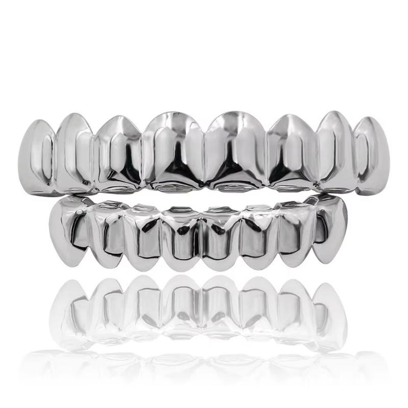 1/2 Pcs Glossy Finish Eco Friendly Copper Top Bottom Teeth Grillz Set Anti Slip Silver Gold Teeth Jewelry Cosplay
