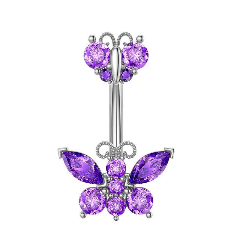 1Pcs Purple Zircon Dangle Belly Button Rings Stainless Steel Heart Butterfly Navel Piercing Long Drop Pendant Belly Ring Jewelry
