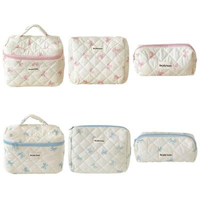 Cute Bow Travel Makeup Pouch with Zipper Makeup Organizer Storage Bag Cotton Quilted Cosmetic Organizer Case for Women Girls