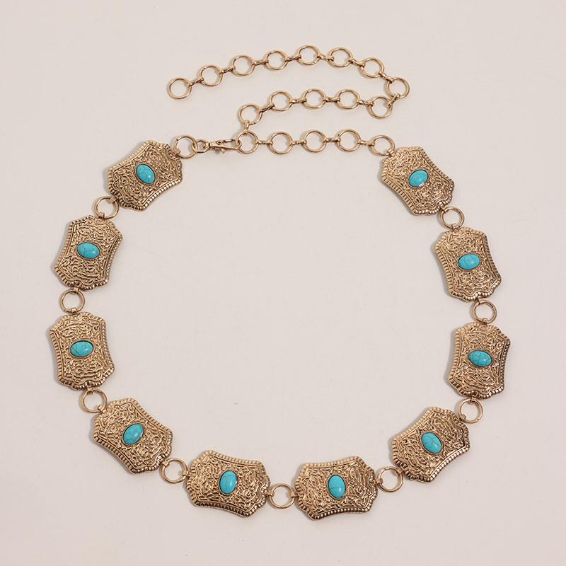 Boho Artificial Turquoise Waist Chain For Women Featuring Carved Metal Details For Spring And Fall золотой