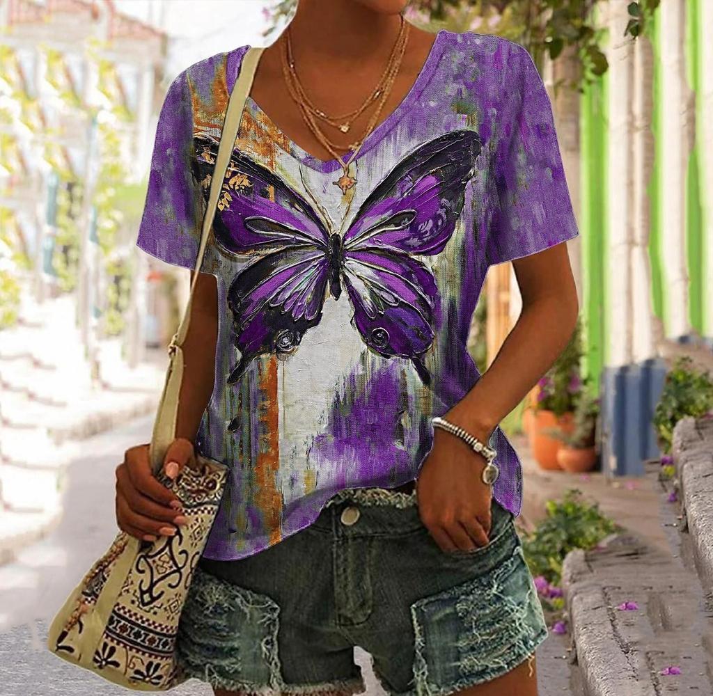 Summer Women's T Shirt Tee 3D Prints Butterfly Graphic Casual Daily Blue Prints Short Sleeve Fashion V Neck Regular Fit Tops