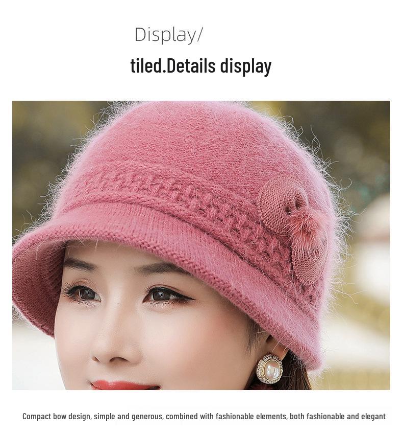 Căciulă tricotată de toamnă și iarnă pentru femei din păr de iepure cu floare la modă