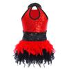 Children‘s Stage Performance Leotard Turn Down Collar Sleeveless Keyhole Back Sheer Mesh Waist Shiny Sequins Color Block with Feather Accents