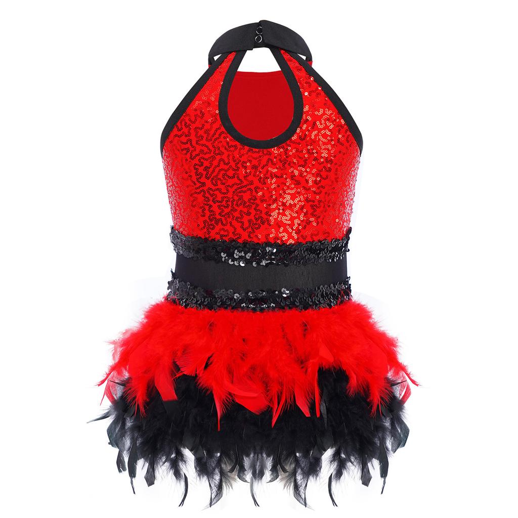 Children‘s Stage Performance Leotard Turn Down Collar Sleeveless Keyhole Back Sheer Mesh Waist Shiny Sequins Color Block with Feather Accents