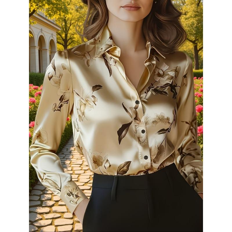 Plus Size Women's Satin Print Long Sleeve Shirt
