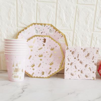 Pink Crown Paper Cups Plates Napkins With Castle Swan Disposable Decagon Paper Tableware For Party Cake Plate Cups Wedding Birthday Banquet Decor