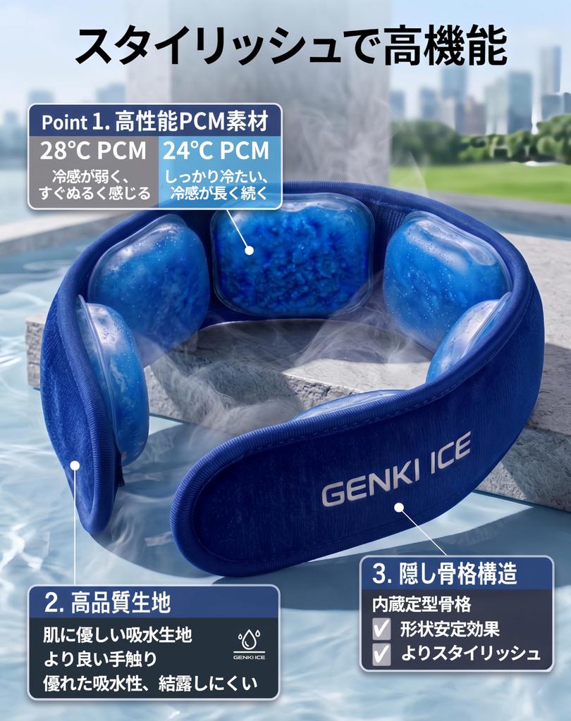 Genki Ice Neck Cooler Wide PCM Neck Cooling with for Outdoor Heatstroke Unisex [2026 Model] 24℃ Device, Lightweight, Condensation-Resistant, Cover,