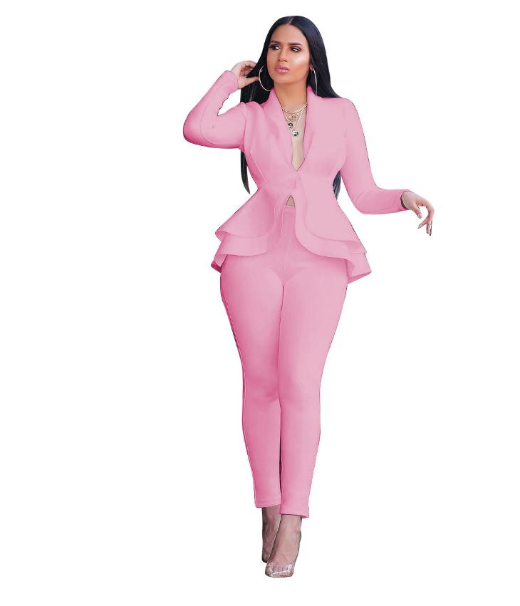 Women's Lapel Long Sleeve Ruffle Peplum Blazer Skinny Pants 2 Piece Business Suit Set 2022 Fall Office Tracksuit
