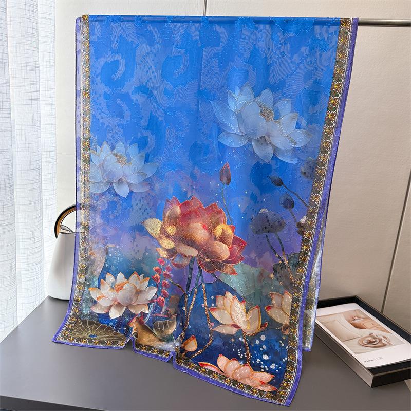 Symphony magnolia print cut flower spring and summer silk scarf large long scarf high-end travel shawl sun protection women's scarf headscarf