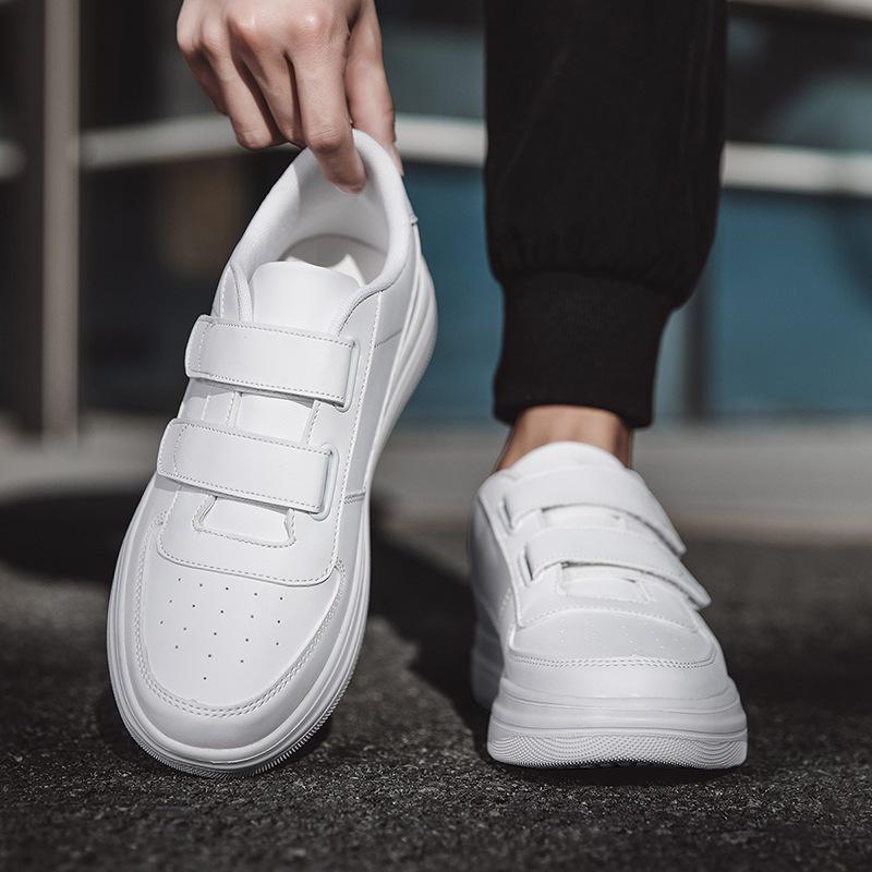 Men's Large Velcro White Low-Top Sneakers - Lightweight Casual Sports Shoes with Thick Soles