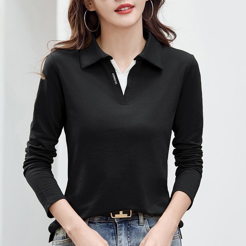 Damen Poloshirt Koreanischer Herbst Baumwolle Einfarbig Langarm V-Ausschnitt T-Shirt Patchwork Damen Poloshirts für Damen