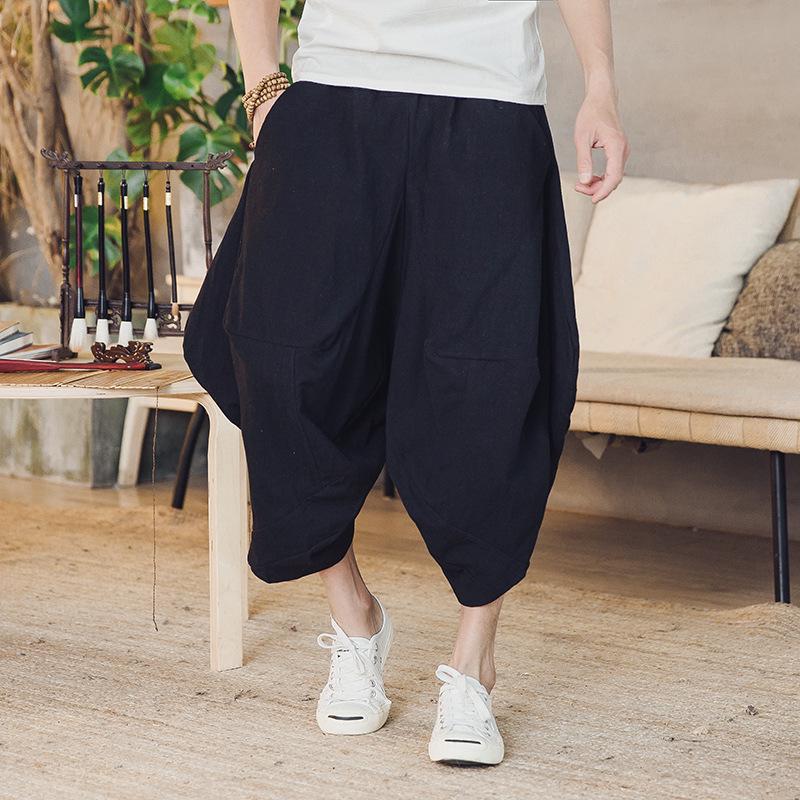 2018 Summer Men's Cotton Linen Casual Pants, Nine-Point Style, Plus Size, Low Drop Crotch