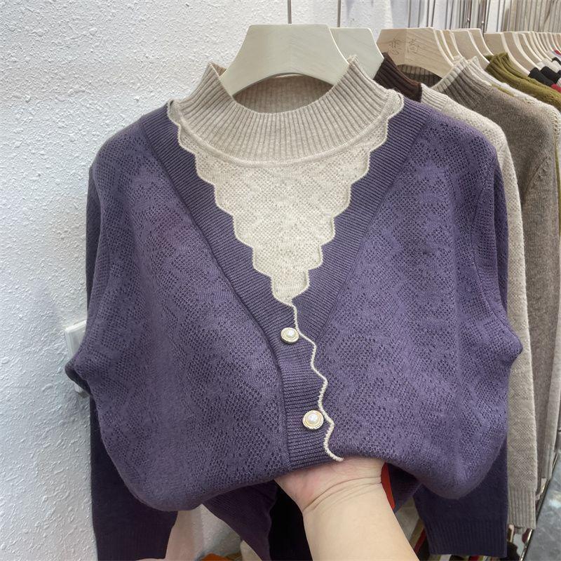

2025 Fall/Winter Korean Style Semi-High Neck Colorblock Loose Knit Sweater for Women XL (115-125 jin)