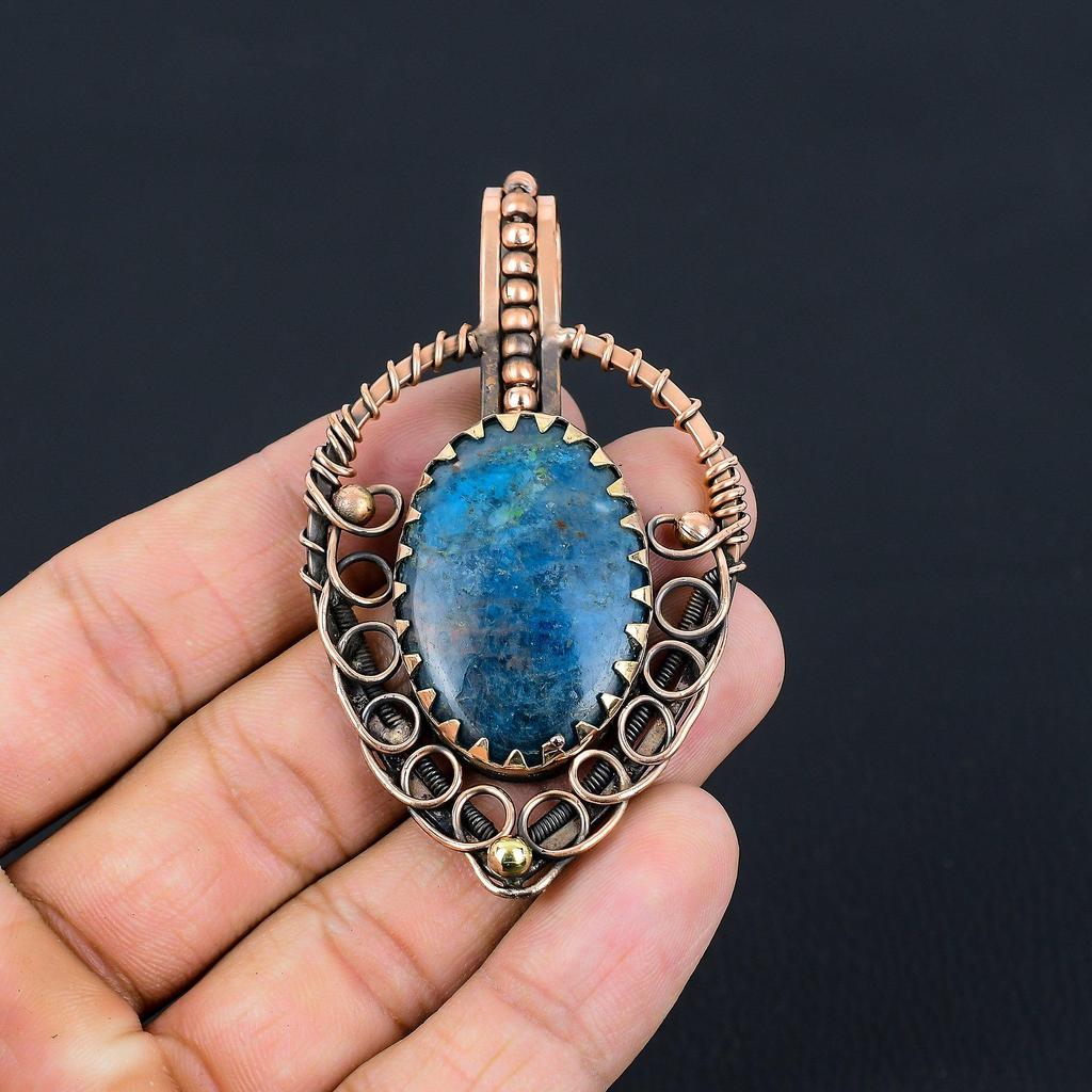 Amazing Neon Blue Apatite Gemstone Handmade Pure Copper Wire Wrapped Jewelry Pendant