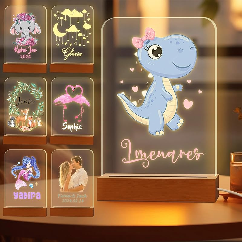 Personalized Night Light for Kids Custom Engraved Name Acrylic LED Lights with Wood Base for Nursery Bedroom Decor Night Lamp, Customized Birthday