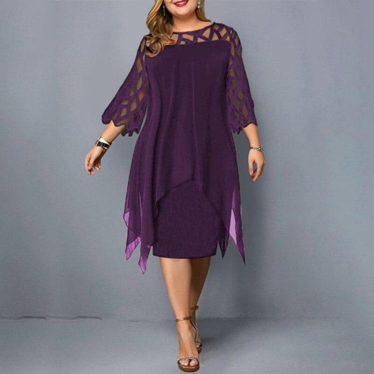 

2026 New Fashion Sexy Plus Size Lace Mesh Party Dress Elegant Loose Hollow Out Midi Oversize England Style Dresses L фиолетовый