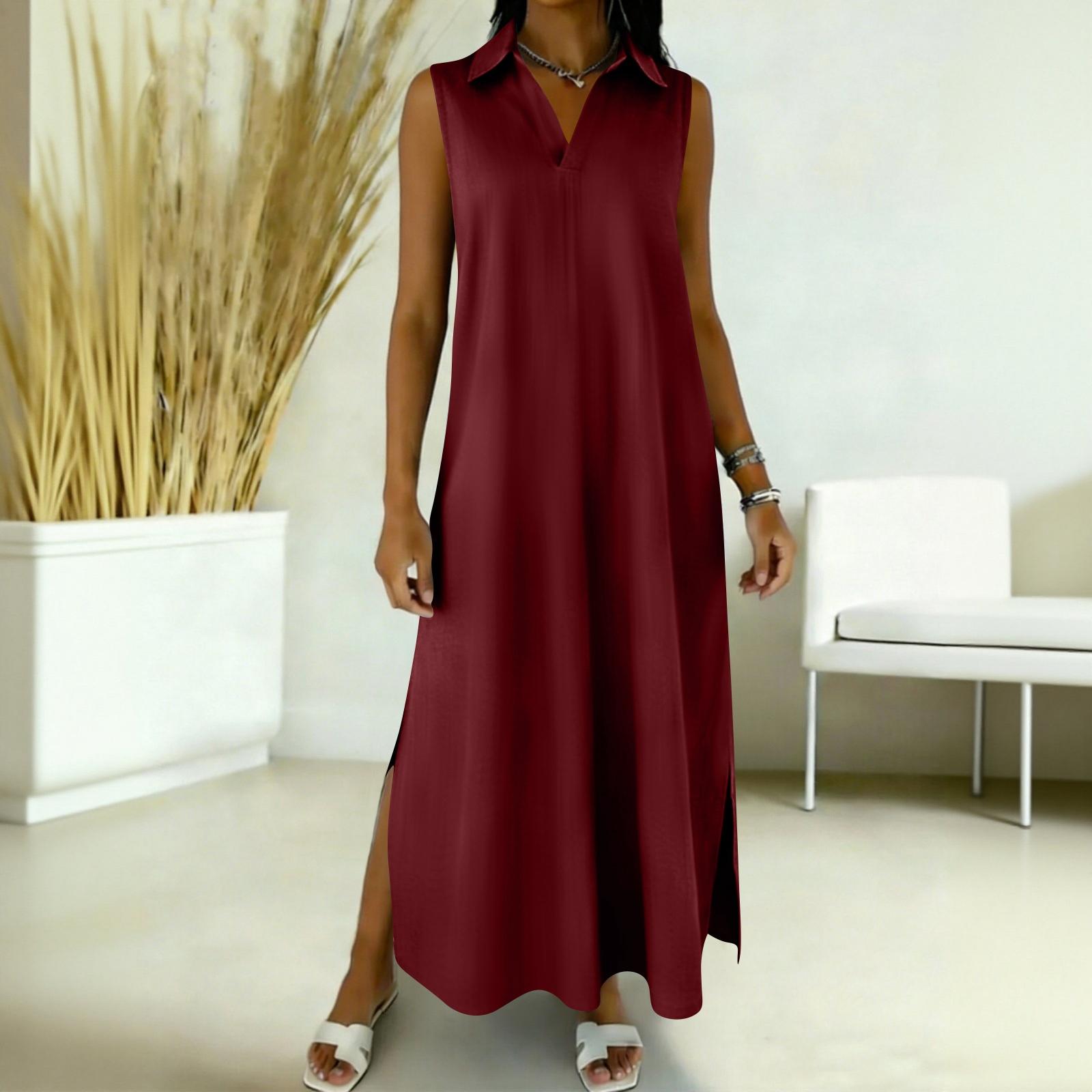 

Women s V-neck Sleeveless Long Loose-fitting Dress With Pockets And Casual XL