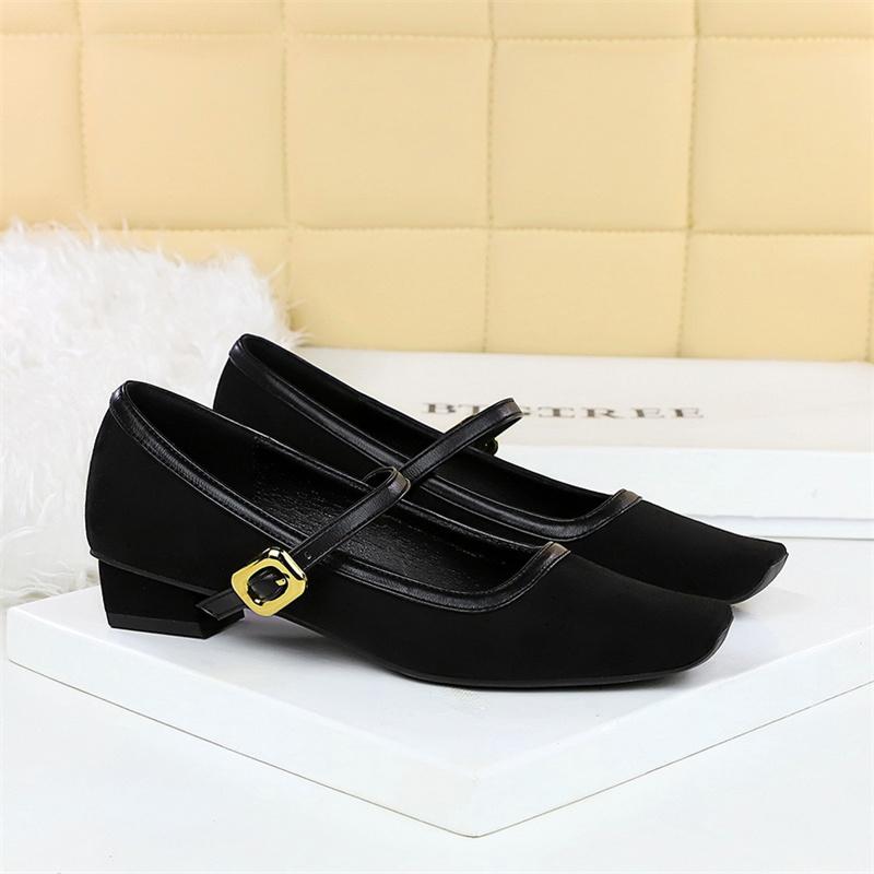 

Korean Simple Suede Square Toe Shallow Mouth Thick Heel Low Heel One-Liner Metal Versatile Single Women Elegant Fashionable 35