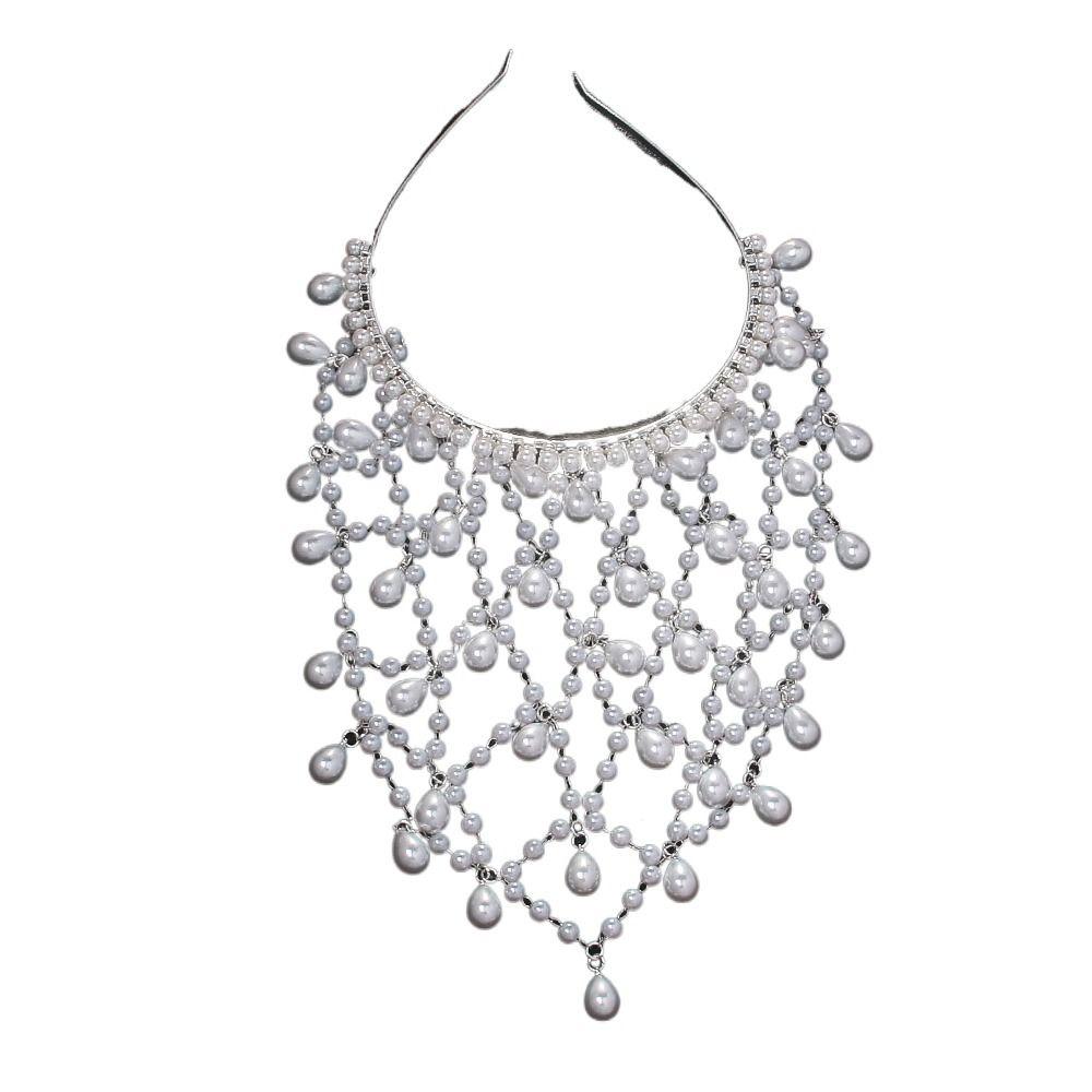 Net Shape Pearl Princess Hair Band Rhinestone Bride Tiaras Exquisite Grid Hair Band Wedding