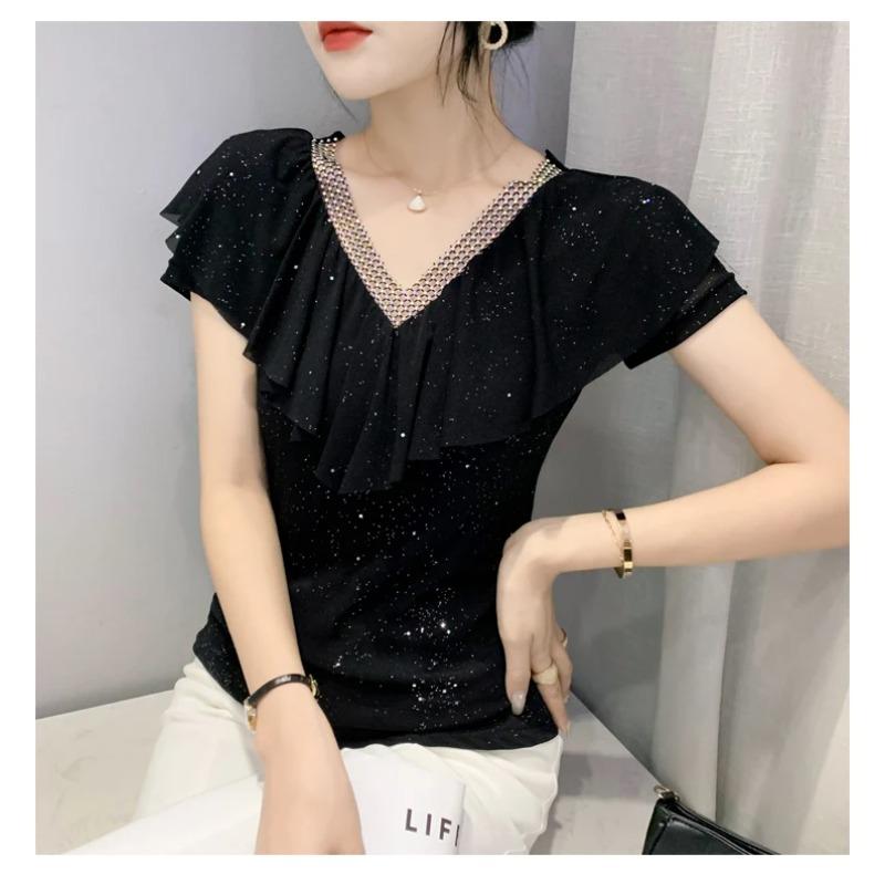 Summer Short Sleeved V Neck Women's T Shirt Elegant Slim Hot Drilling Ruffles Mesh Tees