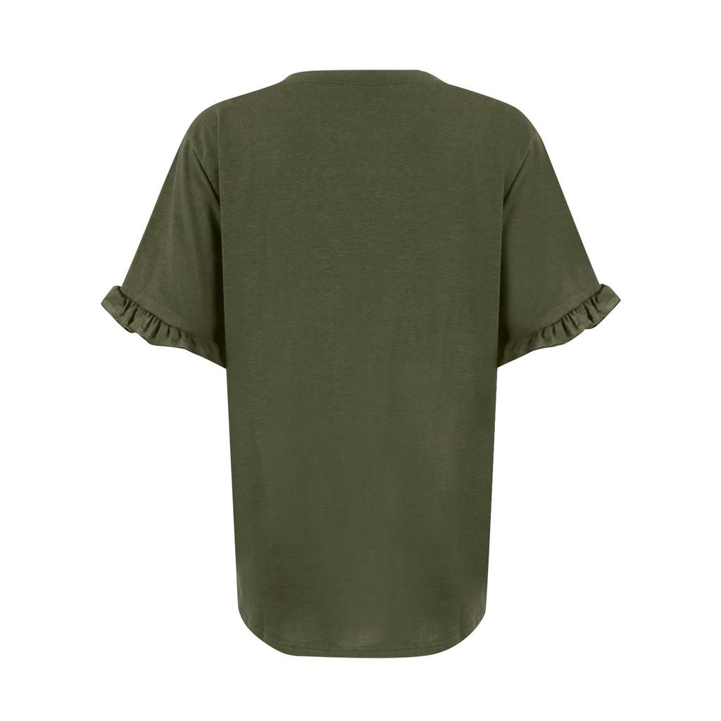 Ladies Summer Color Short Sleeve Ruffle Round Neck T-Shirt