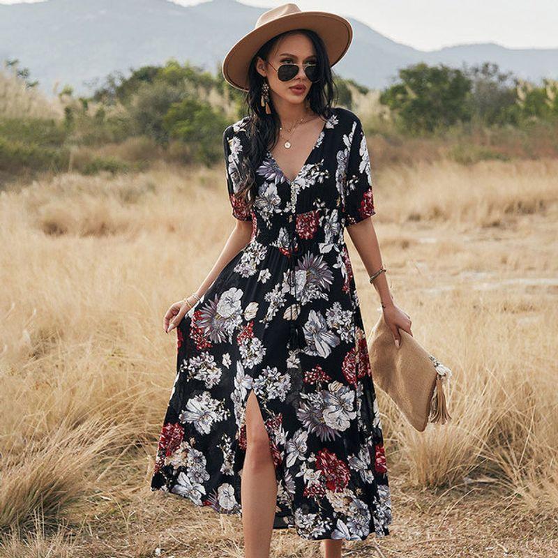 

Sexy V Neck Slim High Waist Ladies A Line Print Maxi Dresses black S
