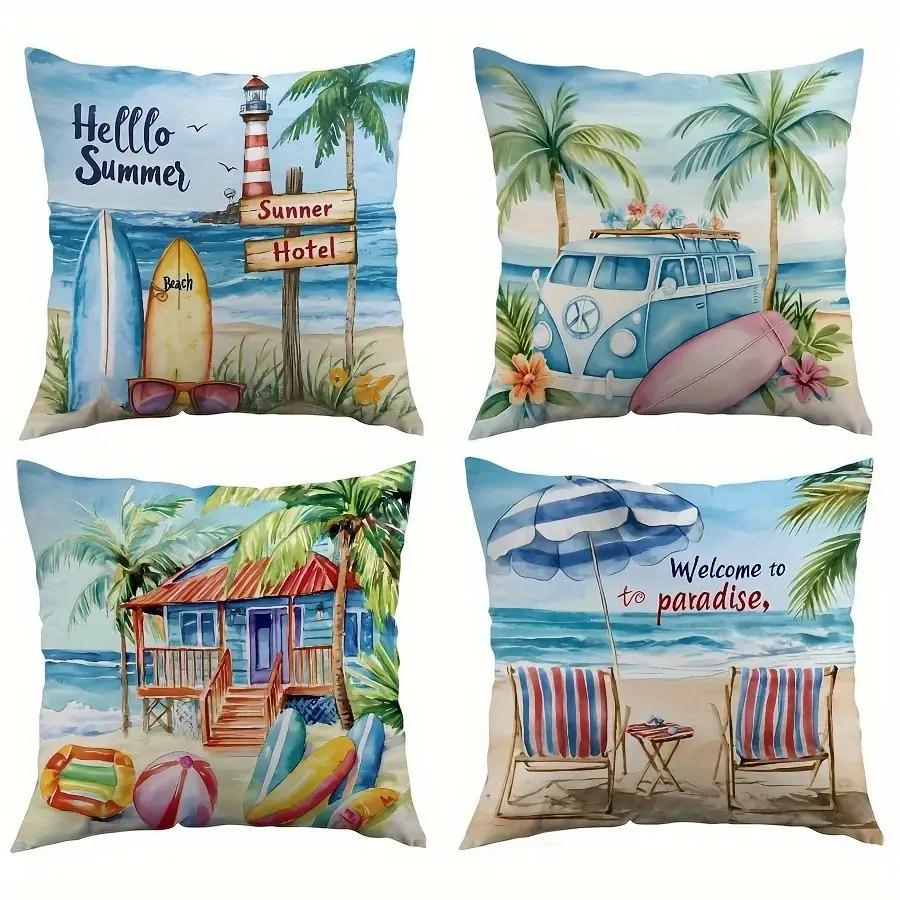 4Pcs Beach Vacation Theme Digital Printing Pillow Cover Short Plush Suitable Living Rooms Bedrooms Sofas Throw Cushion Cover