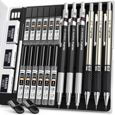 Ensemble de Porte-mines Mécaniques Nicpro – Crayon en Métal avec Étui, Porte-mine 0,5 mm / 0,7 mm / 0,9 mm / 2,0 mm, Inclut des Mines en Graphite (2B, HB, 2H) & 12 Recharges