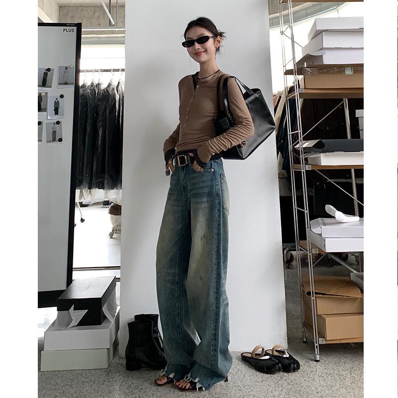 

Женские узкие джинсы Nantao 2025 года из хлопка с высокой талией и необработанным краем, весна-лето 2025 Small