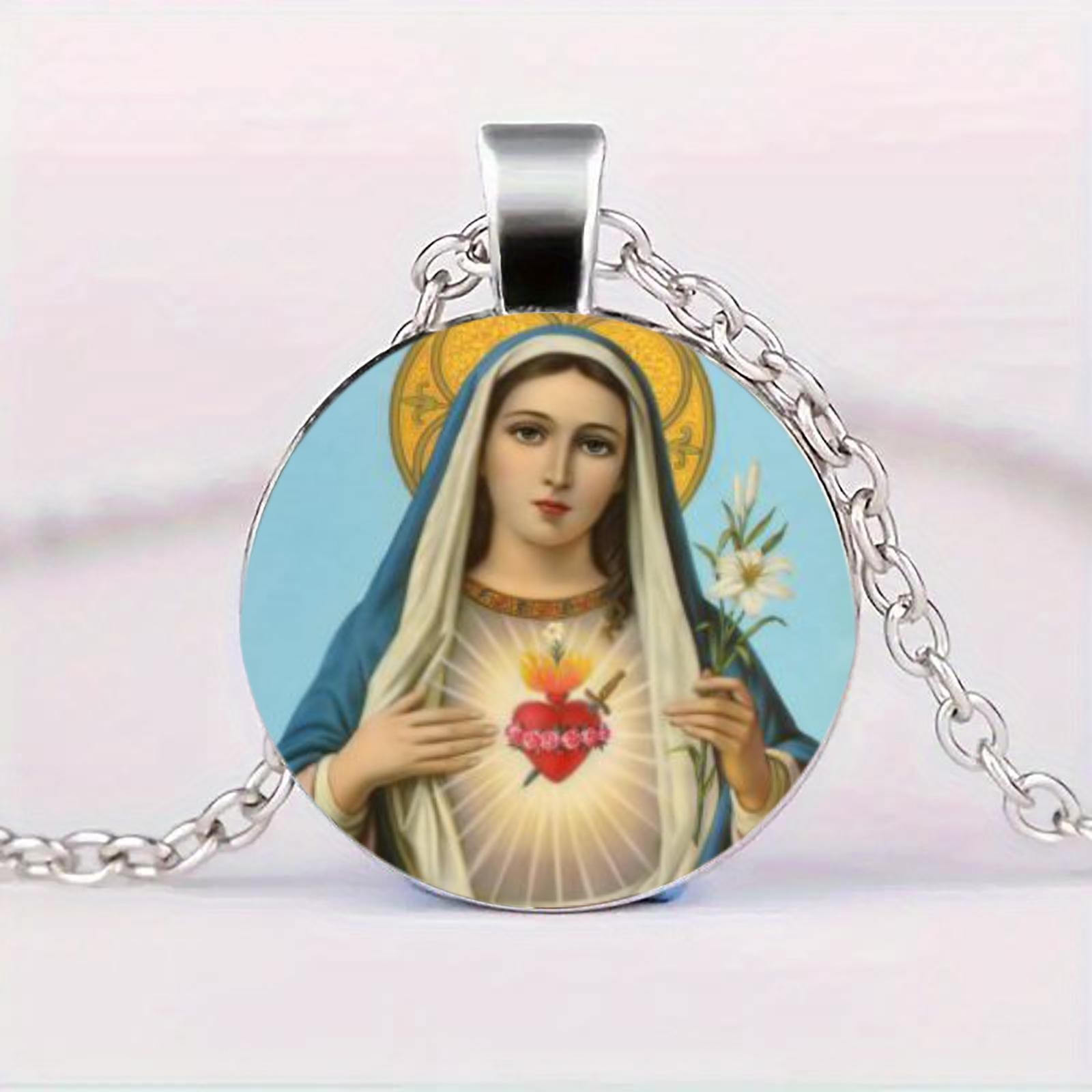 

Virgin Mary Pendant Necklace Christian Religious Faith Spiritual Catholic Religion Jewellery Glass Photo Jewelry