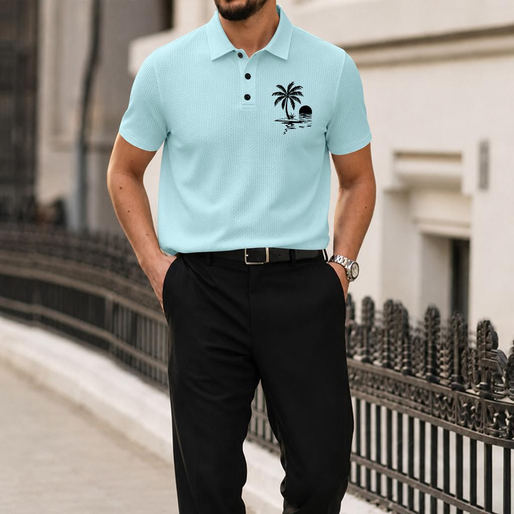 Men Short Sleeve Polo Shirt with Turn Down Collar and Printed Pattern Lightweight Breathable Casual Summer Top