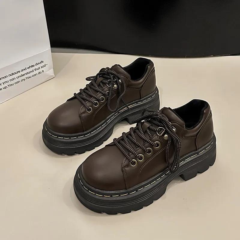 Womens Derby Shoes Autumn British Style Female Footwear Loafers With Fur Round Toe Clogs Platform Casual Sneaker Leather