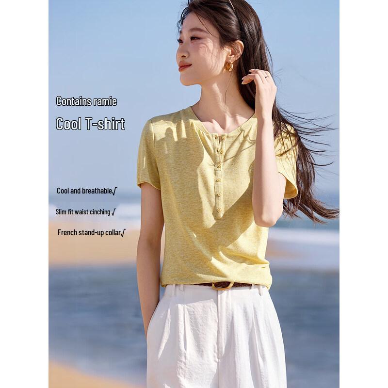 Mohanyimei Stylish Linen Blend Short Sleeve T-Shirt L