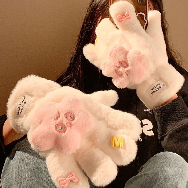 Cute Stars Plush Finger Gloves Women Winter Plush Thickened Warm Cold Furry Cycling Student
