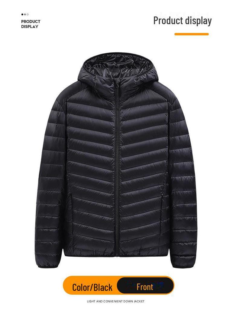 Men's Lightweight Hooded Down Jacket - Short Stand-Up Collar, Casual and Warm for Winter