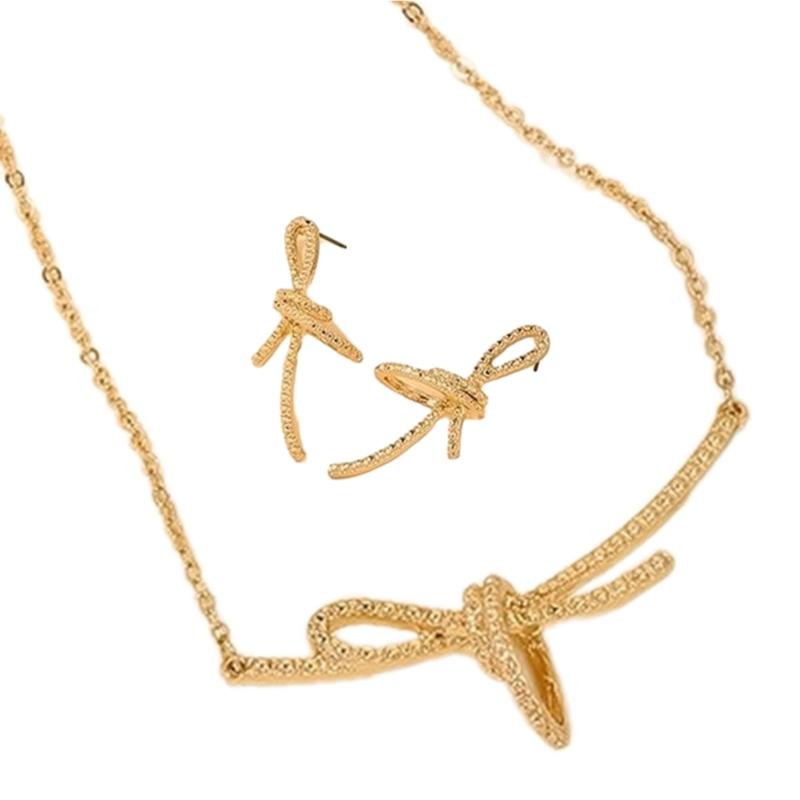 Delicate Bowknot Pendant Necklace and Earrings Combo Graceful Women's Neckchain and Ear Studs Jewelry Set Collection