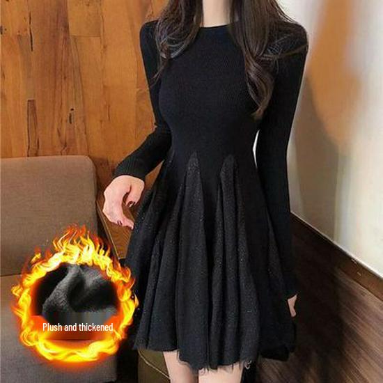 2025 Autumn/Winter Plus Velvet Shiny Waist-Cinched Mesh Dress for Women
