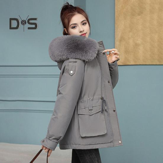 Women Winter Coat Thick Plush Furry Hooded Long Sleeves Pockets Drawstring Waist Zip-up Windproof Mid Length Overcoat Outdoor Outwear