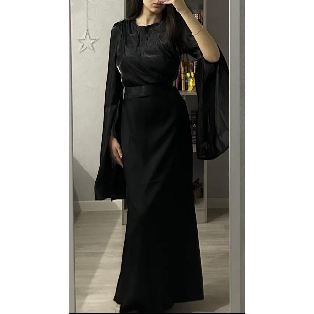 Fashion Satin Solid Robe Dress Ladies Temperament O-neck Slim Evening Dress Elegant Batwing Sleeves High Waist Pleats Long Dress